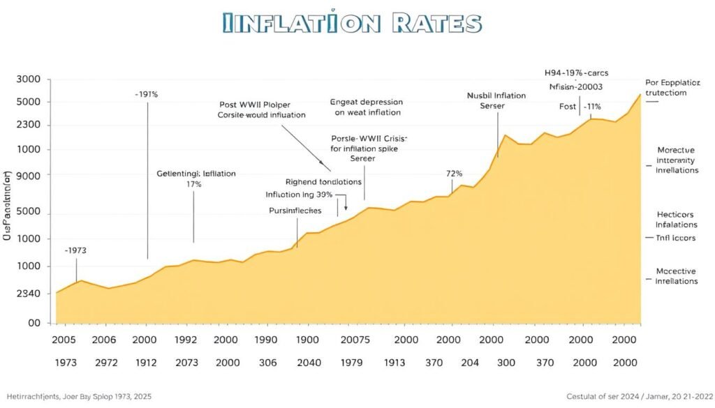 Historical U.S. inflation rates from 1913 to 2025 showing major economic events