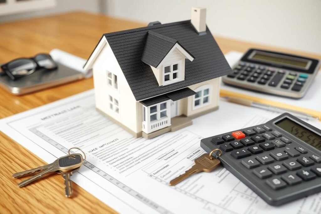 House with mortgage documents and calculator