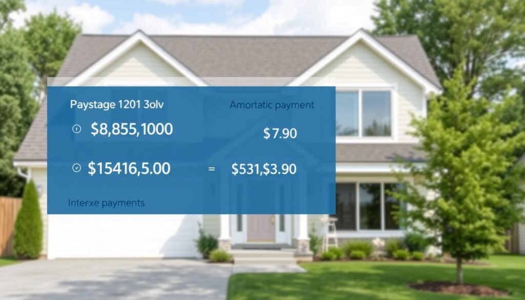 House with mortgage repayment calculation overlay showing monthly payments
