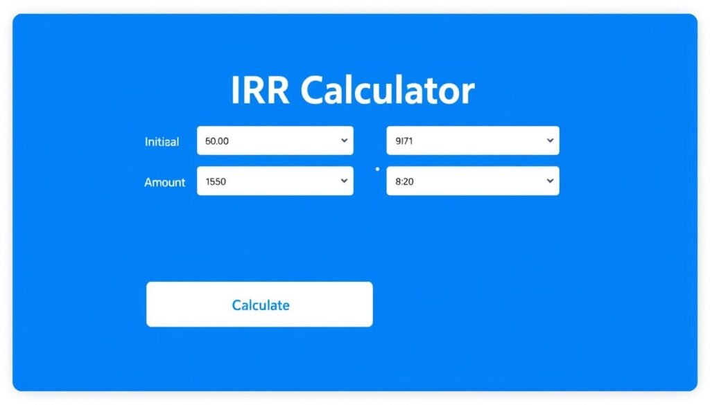 IRR Calculator interface showing input fields for initial investment and cash flows