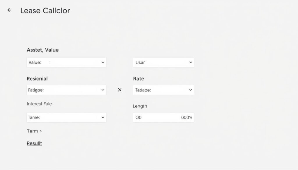 Lease calculator interface showing input fields for asset value, residual value, and monthly payment calculation