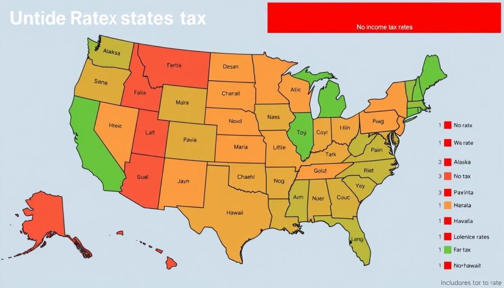 Map of the United States showing state income tax rates with a color coded legend
