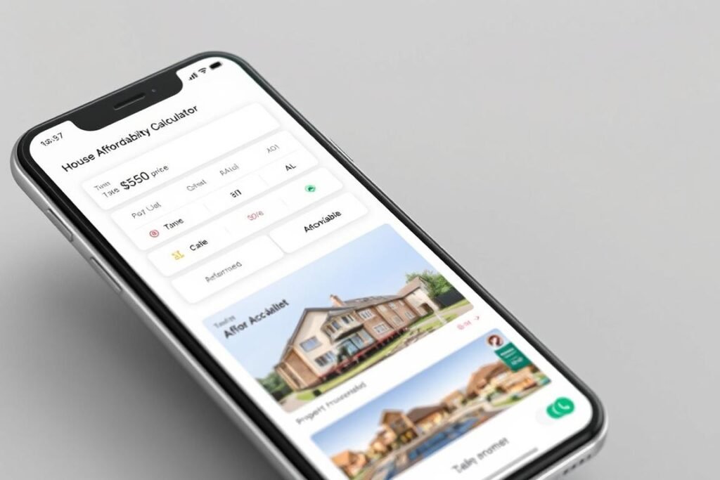 Mobile app showing integrated house affordability calculator with property listings