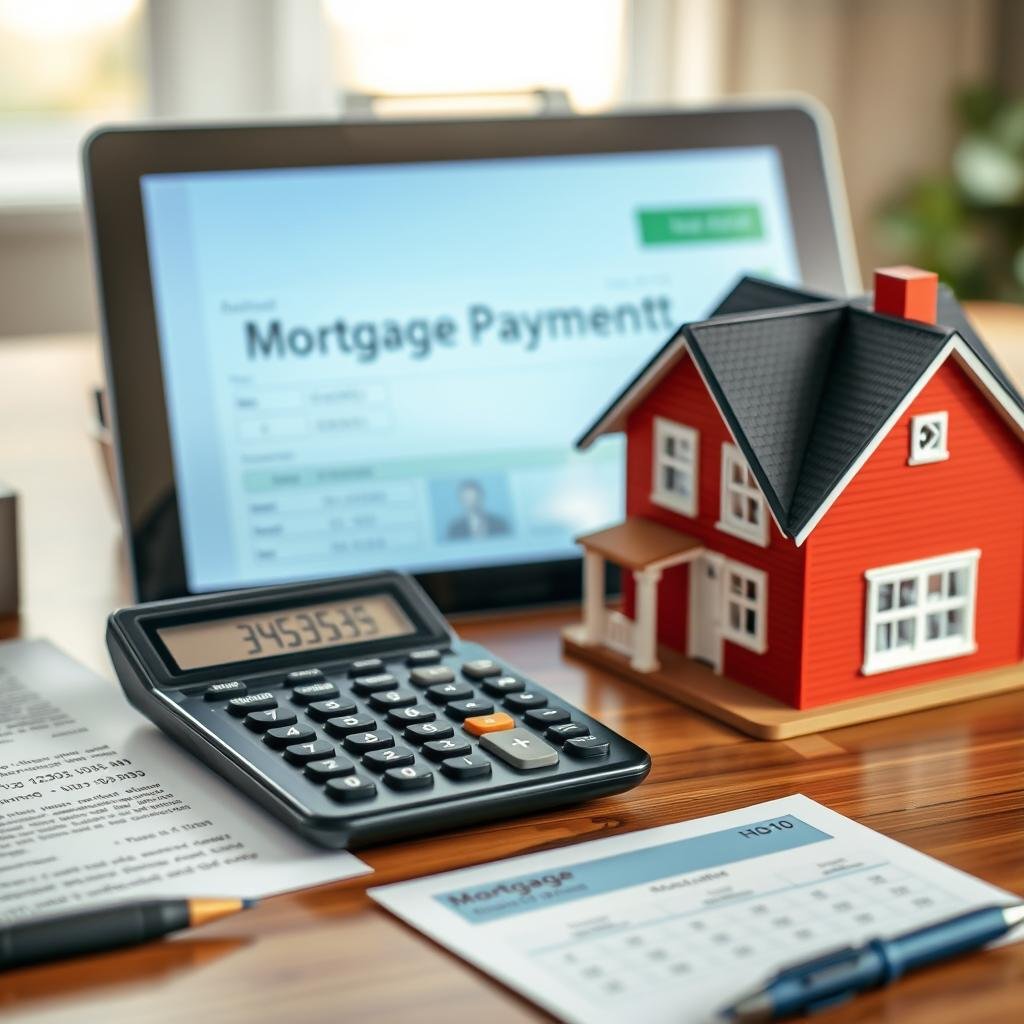 Mortgage calculator with house model and financial documents