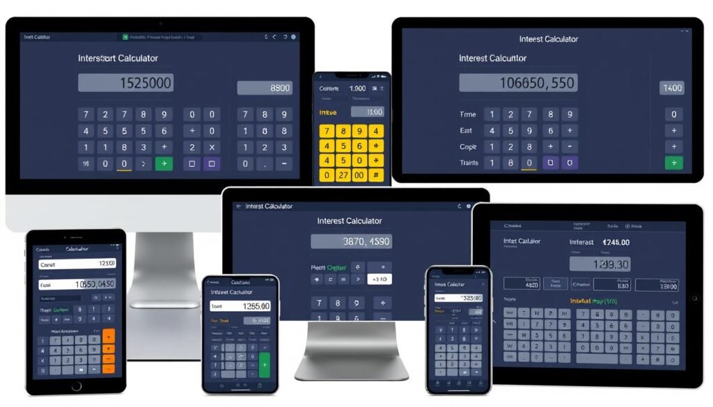 Multiple interest calculator interfaces showing different features and designs