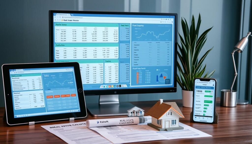 Multiple real estate calculator results displayed on computer and mobile devices