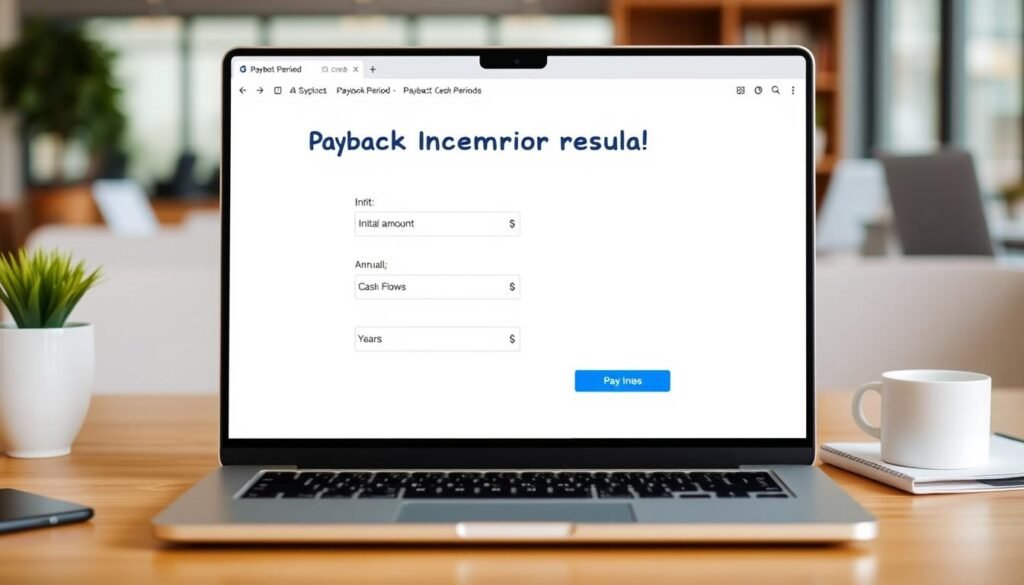 Payback Period Calculator interface showing input fields for investment amount and cash flows