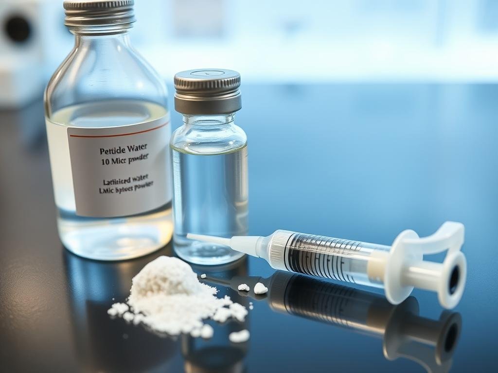 Peptide reconstitution process showing a vial of lyophilized peptide powder and bacteriostatic water