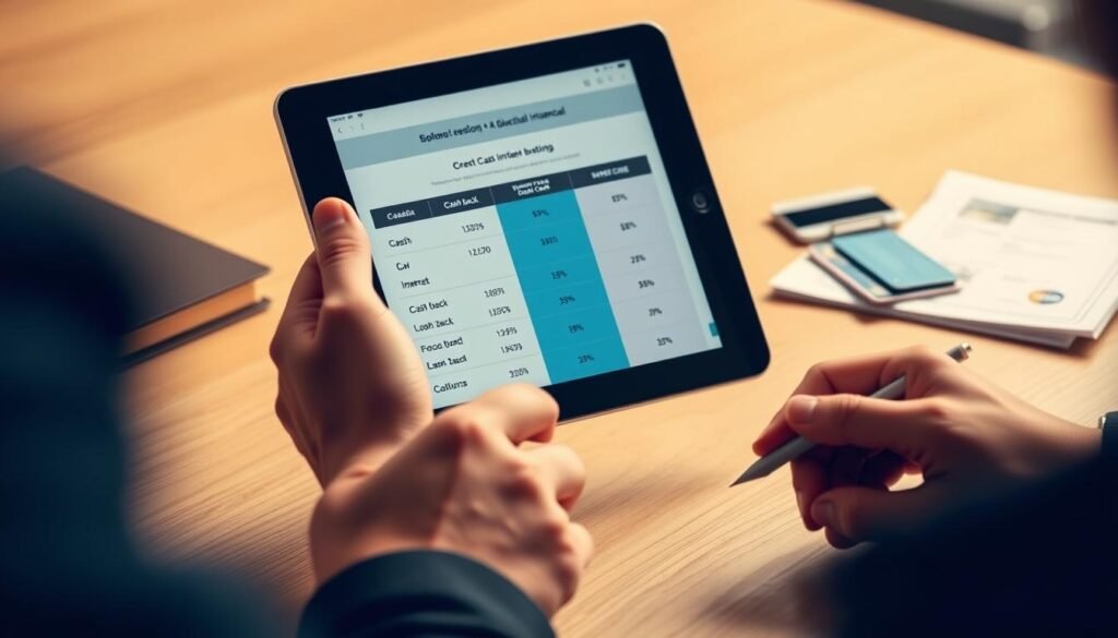 Person analyzing financial factors on a digital tablet with credit card options