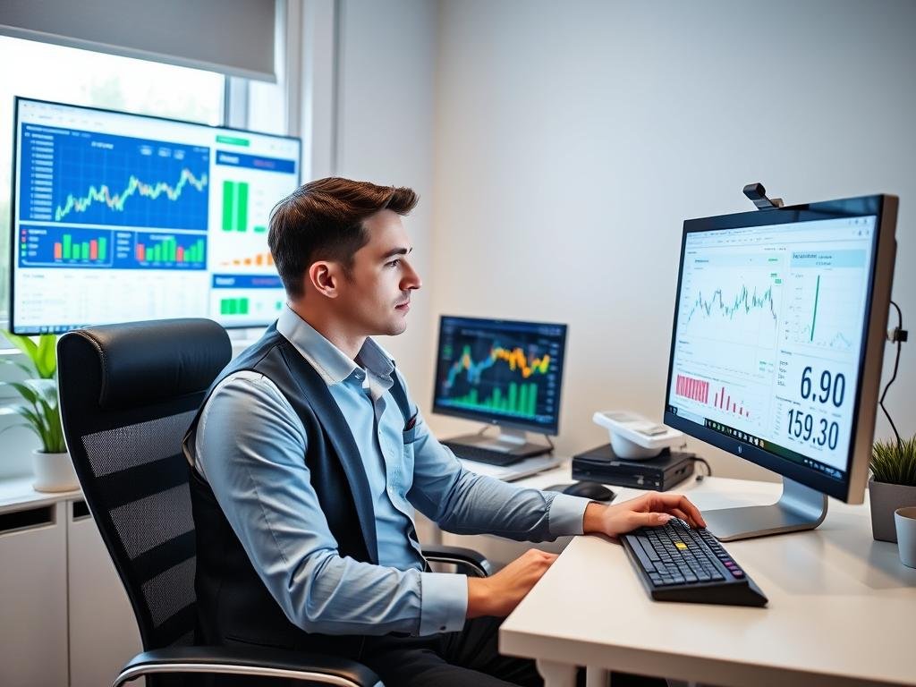 Person analyzing investment returns on computer with charts and graphs