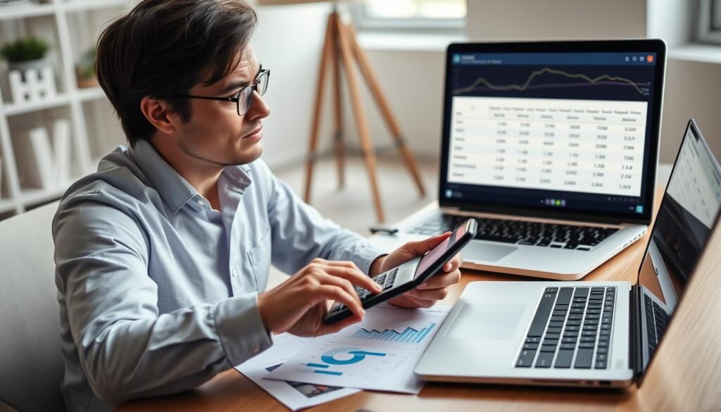 Person analyzing mortgage options with calculator and financial charts CalculatorHunt Person analyzing mortgage options with calculator and financial charts