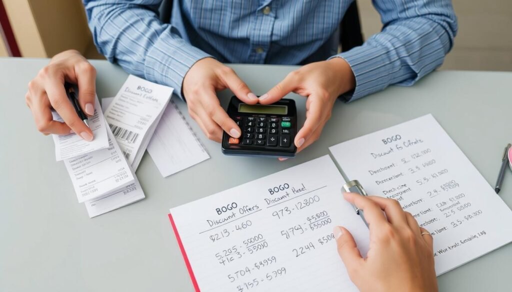 Person calculating BOGO discount offers with a calculator and shopping receipts