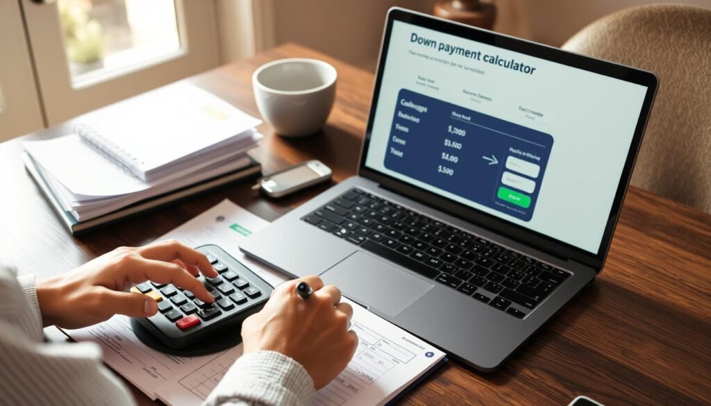 Person calculating down payment options with calculator and mortgage documents