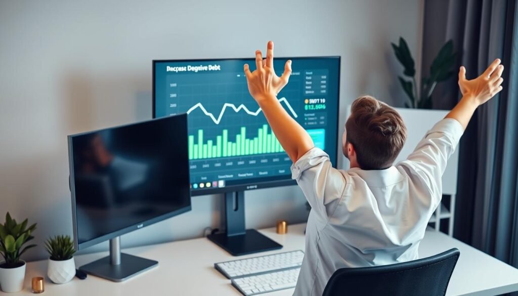 Person celebrating financial freedom with decreasing debt chart