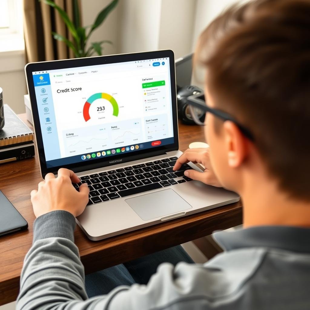 Person checking their credit score on a laptop before applying for a boat loan