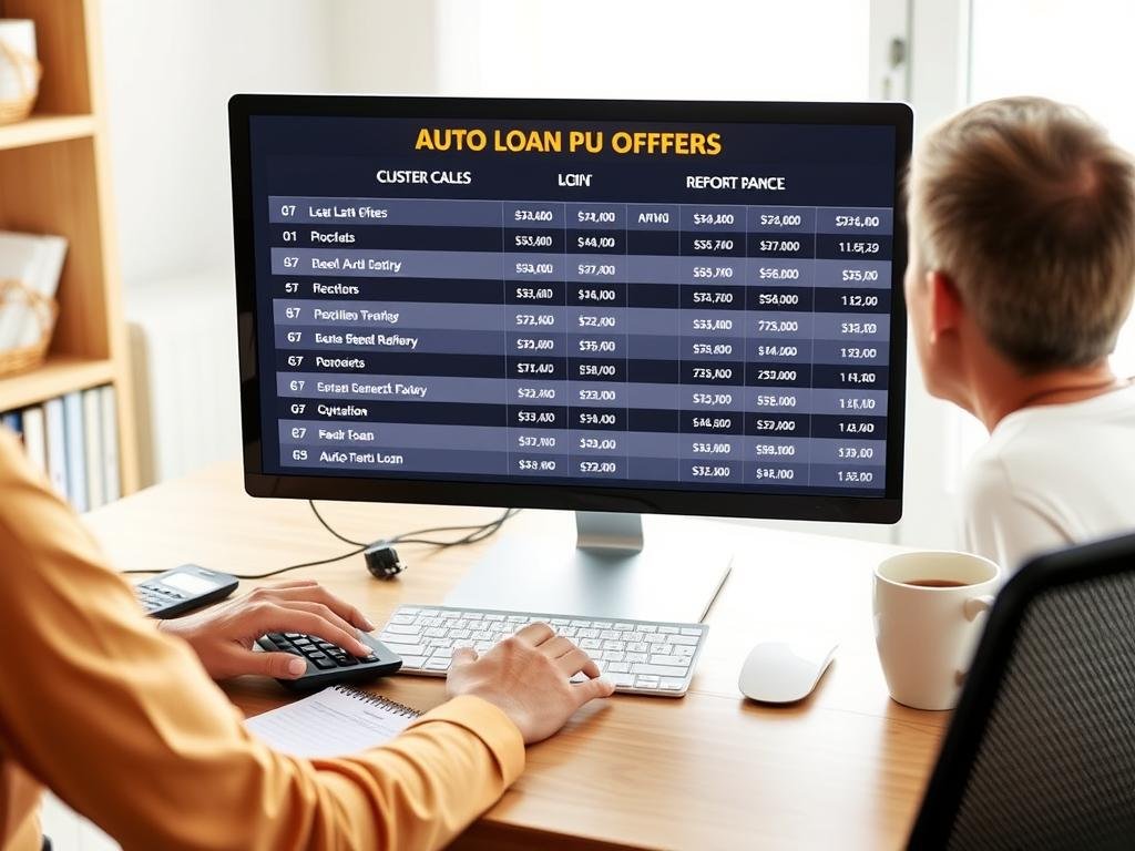 Person comparing auto loan offers on computer with calculator and coffee CalculatorHunt Person comparing auto loan offers on computer with calculator and coffee