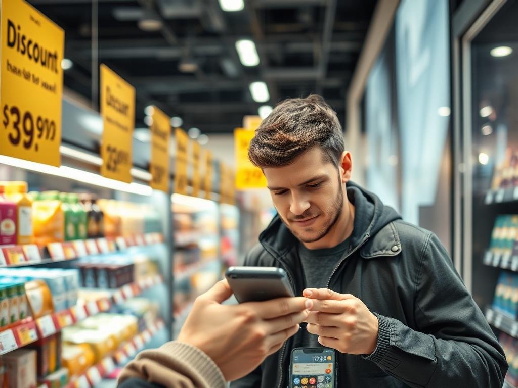 Person comparing discount offers and checking prices on a smartphone while shopping