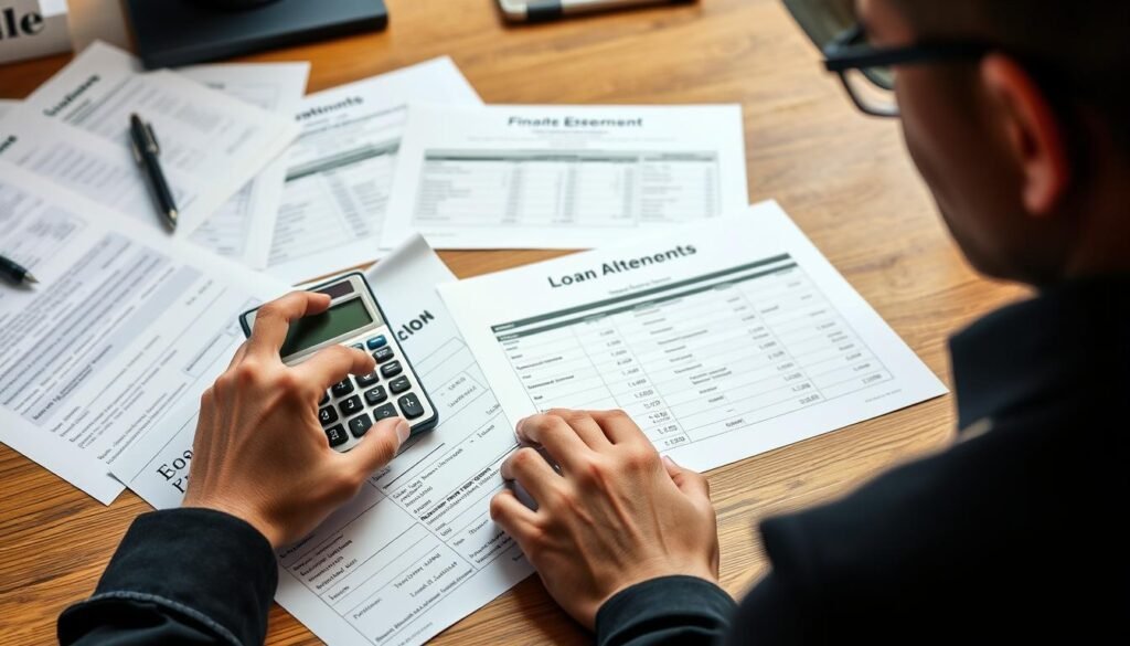 Person comparing loan options using finance calculator