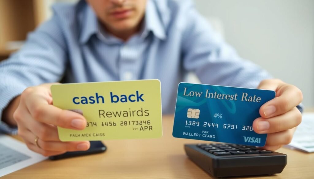 Person comparing two credit cards one labeled Cash Back and one labeled Low Interest Rate