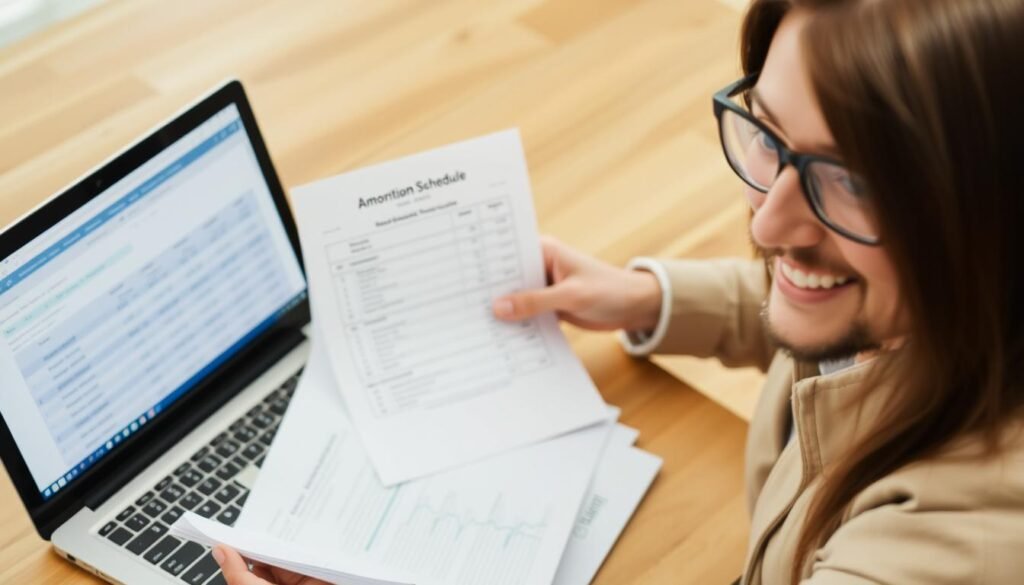 Person confidently reviewing financial documents with amortization calculator