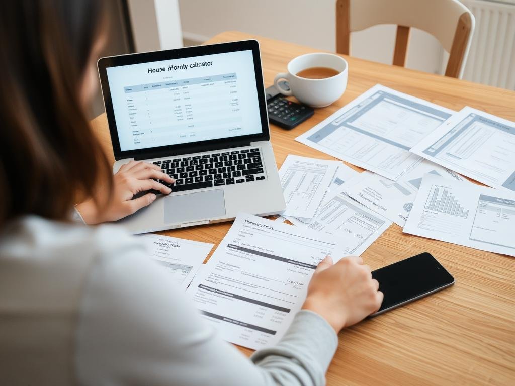 Person entering financial information into a house affordability calculator on a laptop