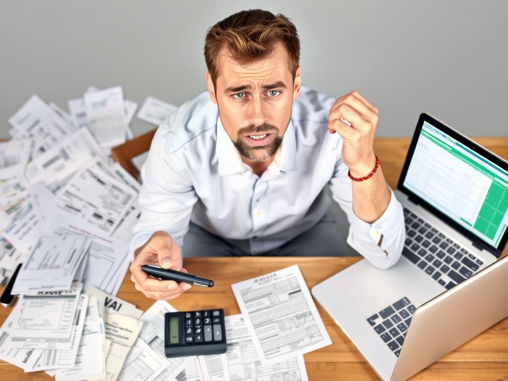 Person looking confused while calculating VAT with calculator and paperwork