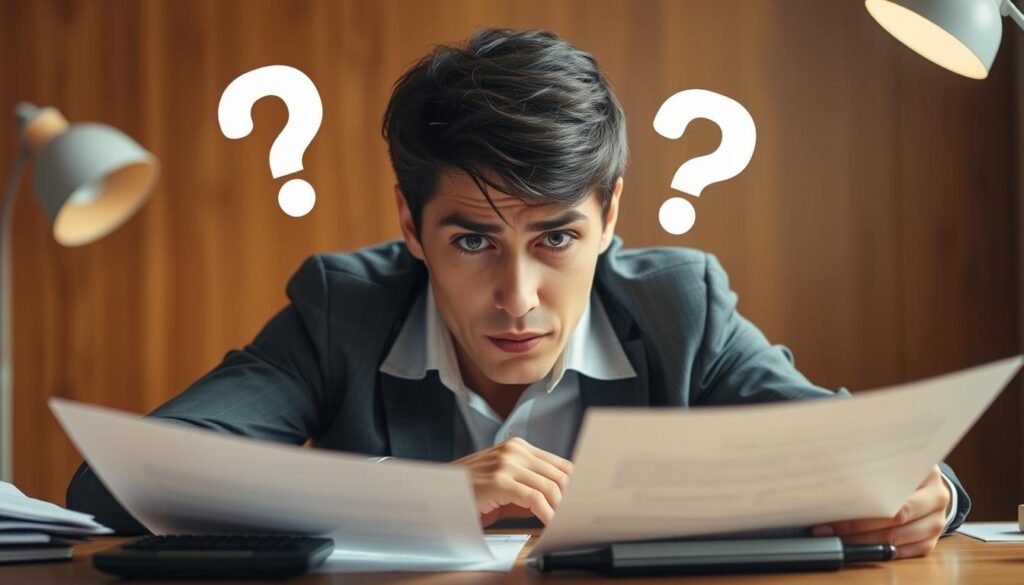Person looking confused while reviewing financial documents with question marks