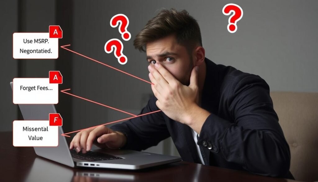 Person looking confused while using an auto lease calculator with warning symbols highlighting common mistakes