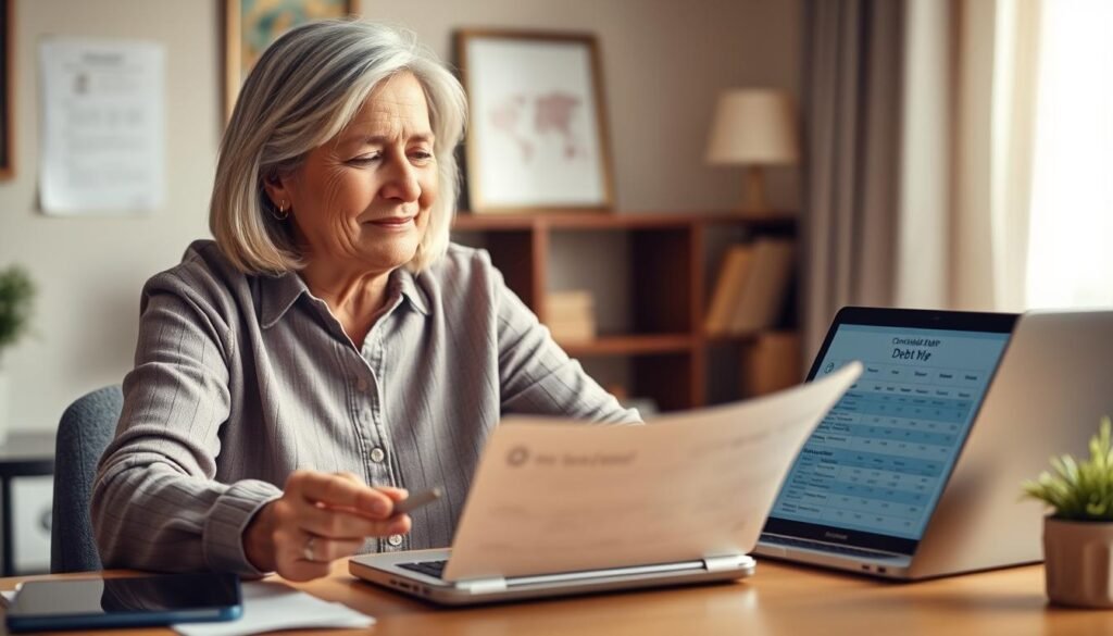 Person looking relieved while reviewing their consolidated debt statement showing lower interest rate