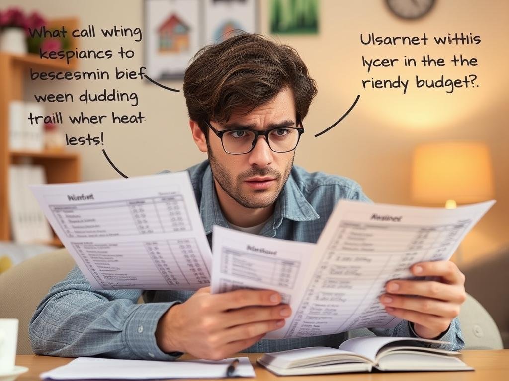 Person looking stressed while reviewing budget with rental calculations