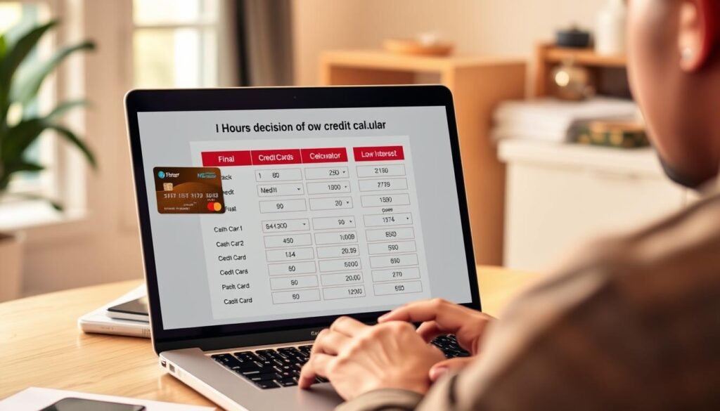 Person making a decision between cash back and low interest credit card options