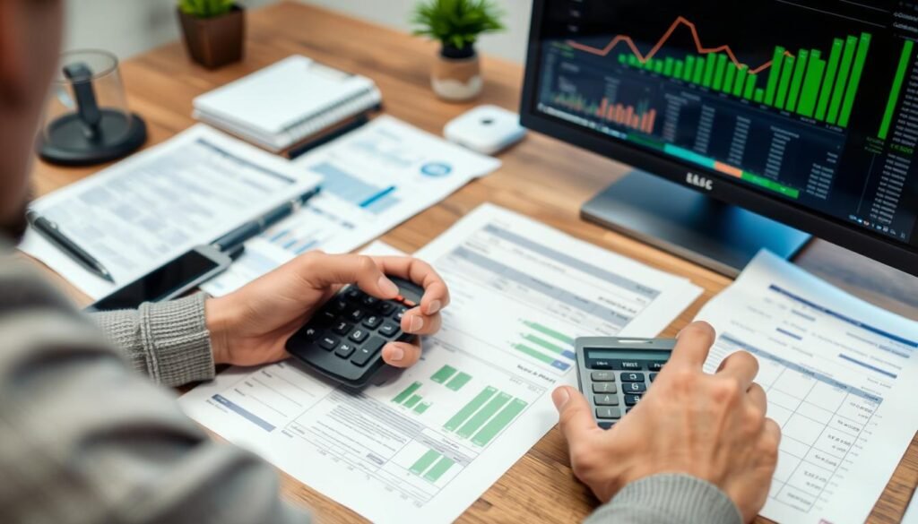 Person making financial decisions with calculator and financial documents
