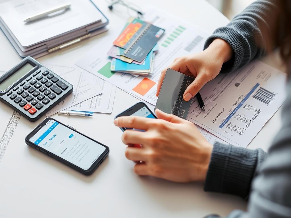 Person organizing credit cards and financial documents with a calculator