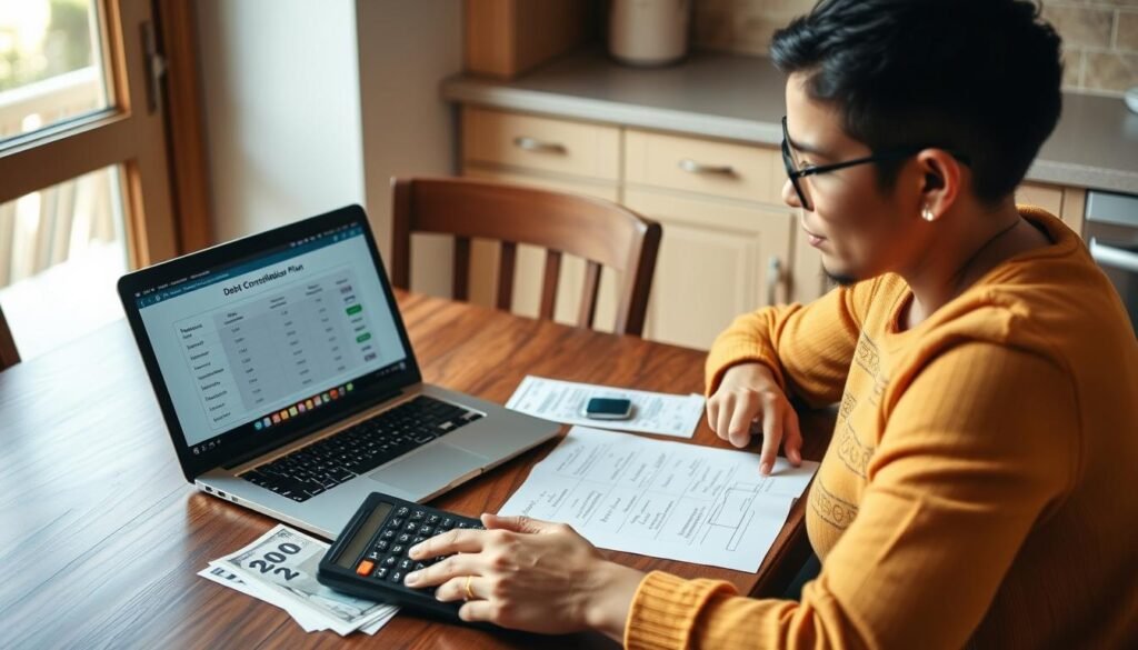 Person reviewing debt consolidation options and making a plan on paper