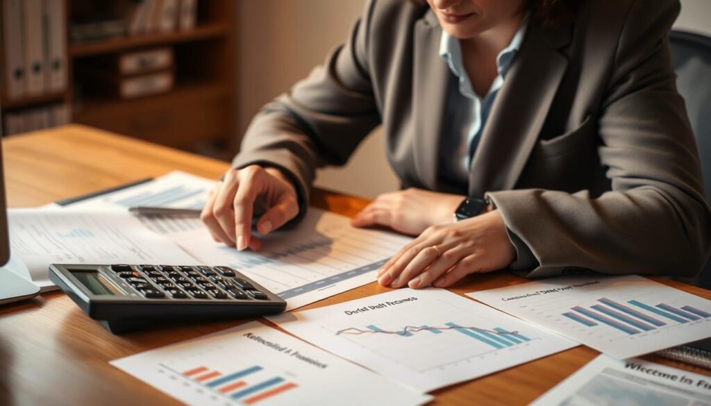 Person reviewing financial documents and creating a debt reduction plan