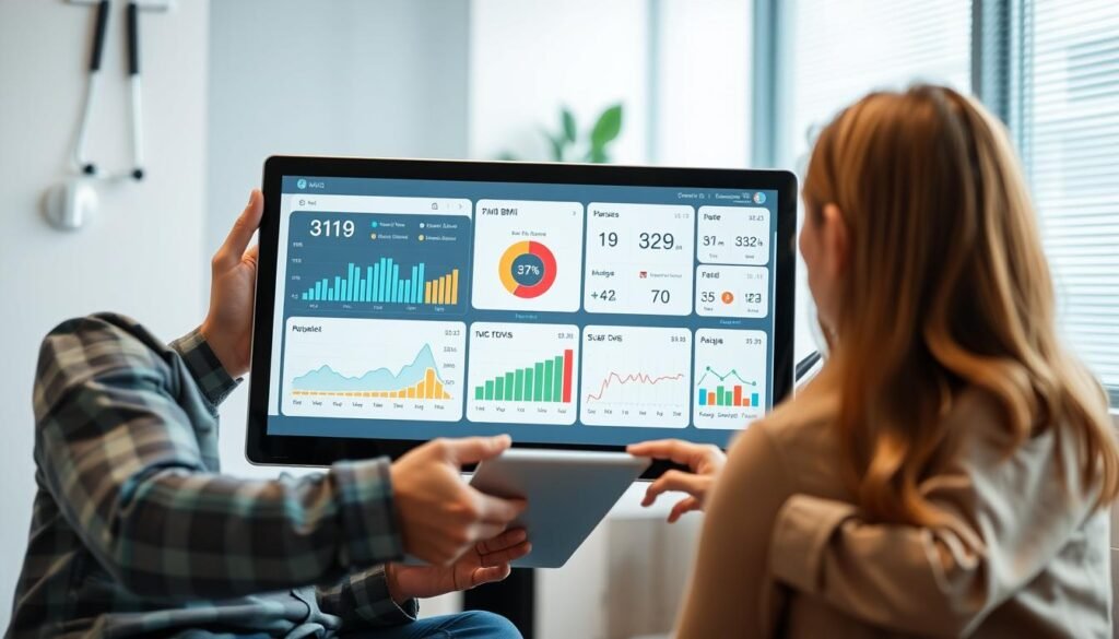 Person reviewing health metrics on a digital device with a healthcare professional CalculatorHunt Person reviewing health metrics on a digital device with a healthcare professional