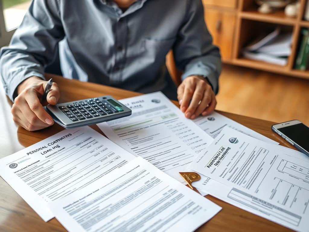 Person reviewing personal loan documents and using calculator to make financial decision