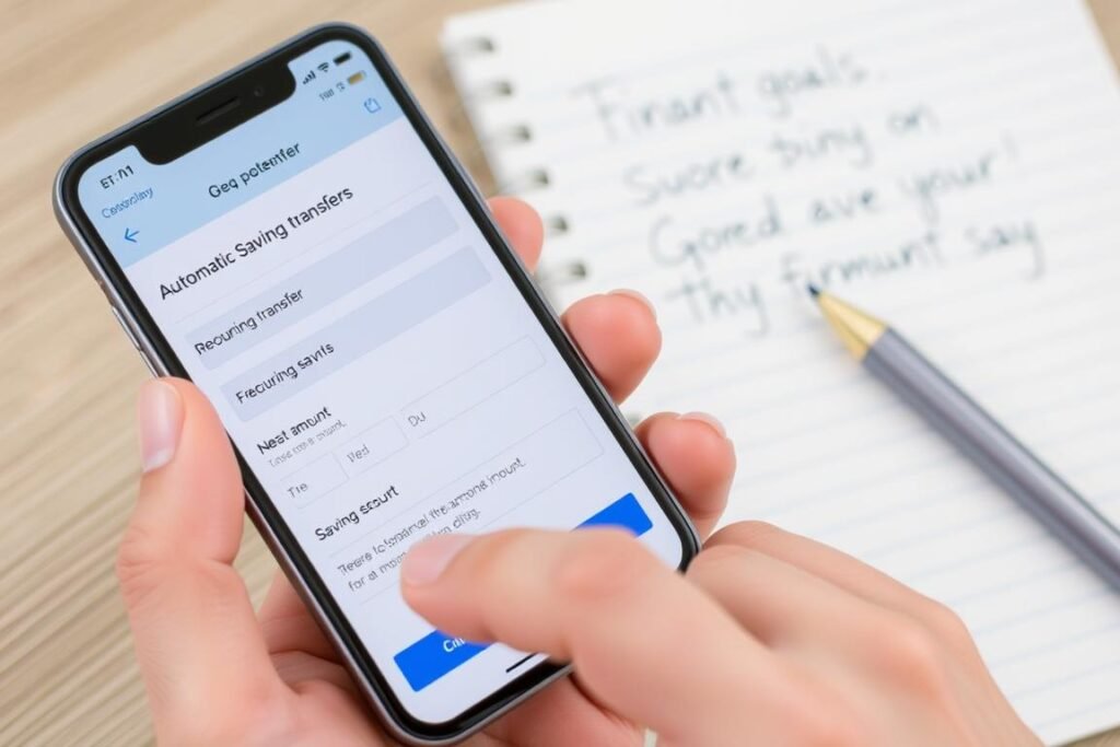 Person setting up automatic savings transfers on mobile banking app
