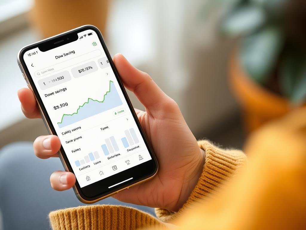 Person tracking down payment savings progress on digital app