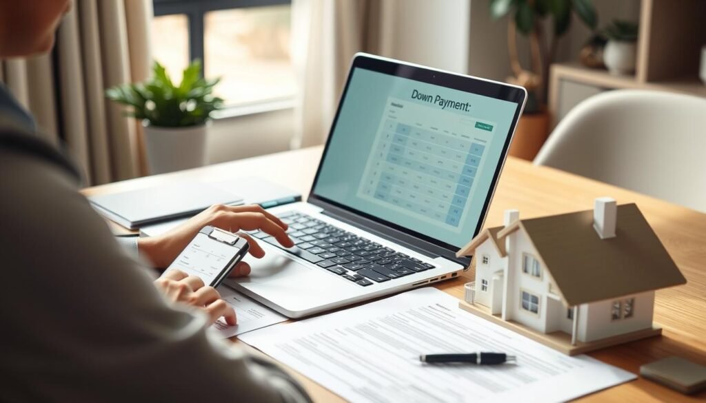 Person using Down Payment Calculator on laptop while reviewing home buying documents