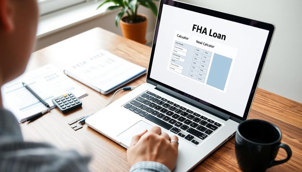 Person using FHA Loan Calculator on laptop while reviewing mortgage documents