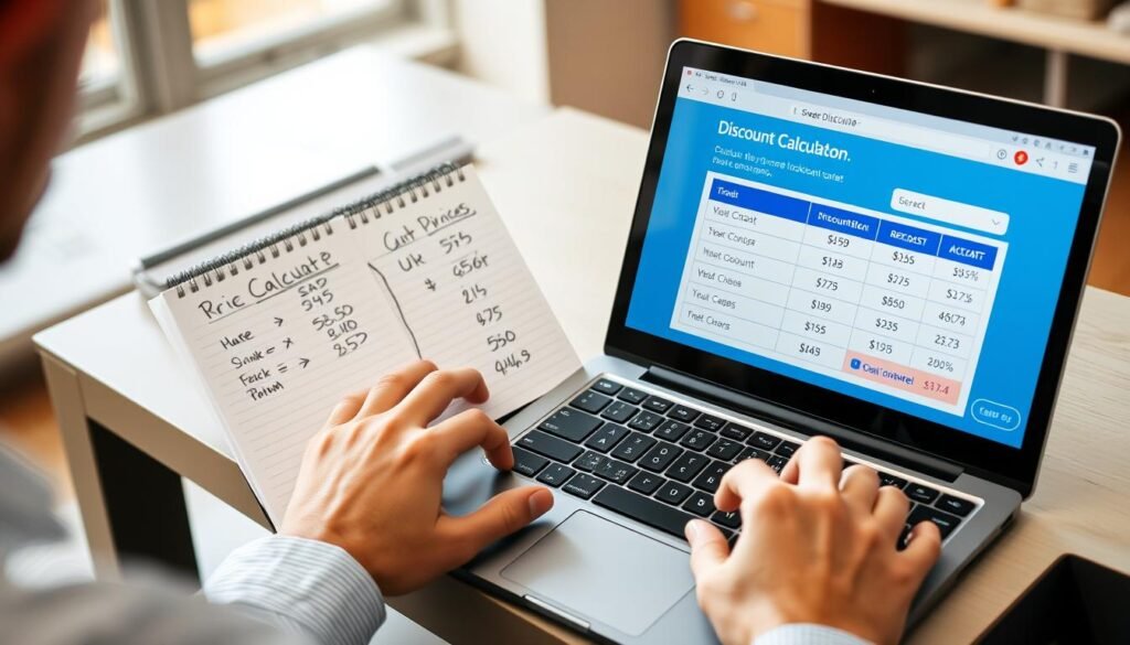 Person using a discount calculator to compare prices while shopping online