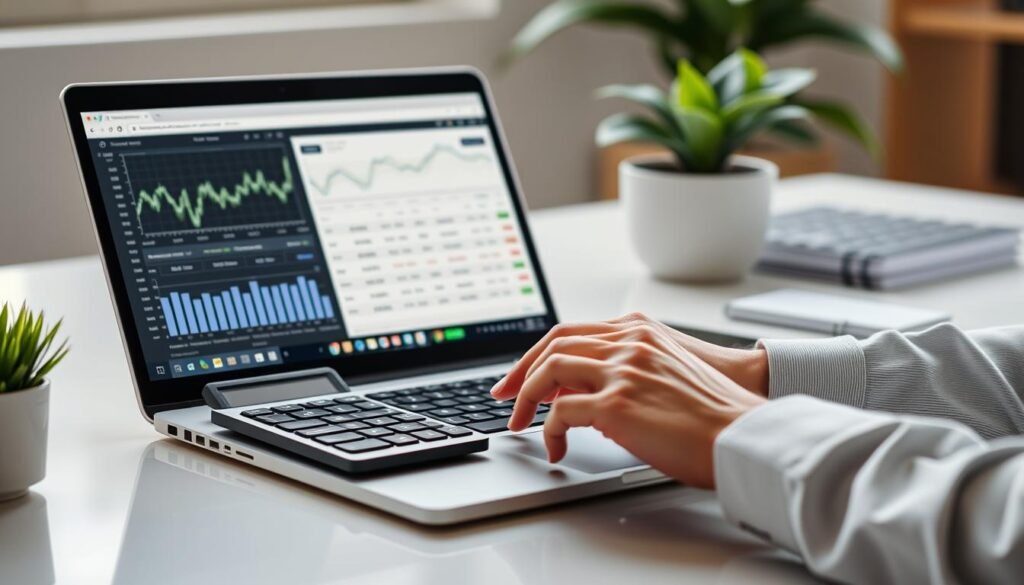 Person using a finance calculator on a laptop with financial charts