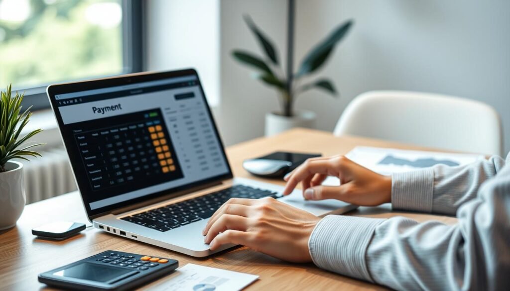 Person using a payment calculator on laptop to plan monthly budget