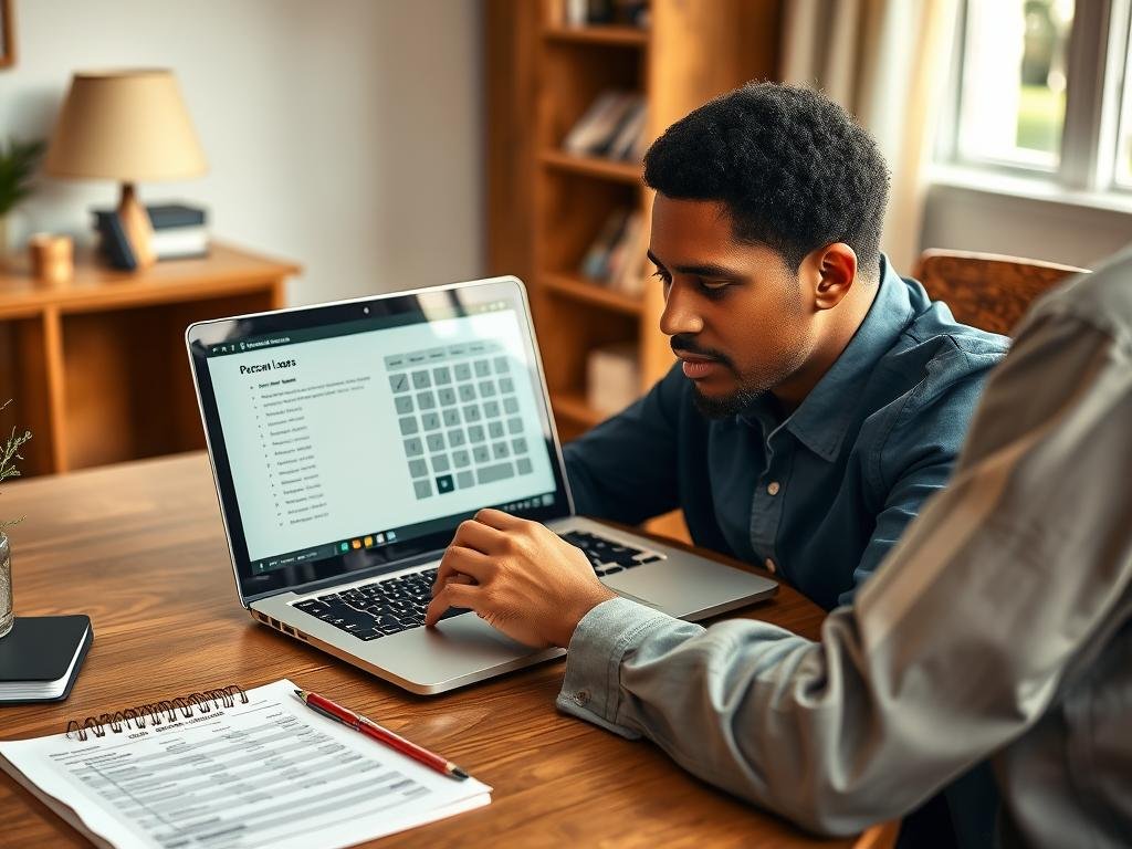 Person using a personal loan calculator on a laptop while reviewing financial documents