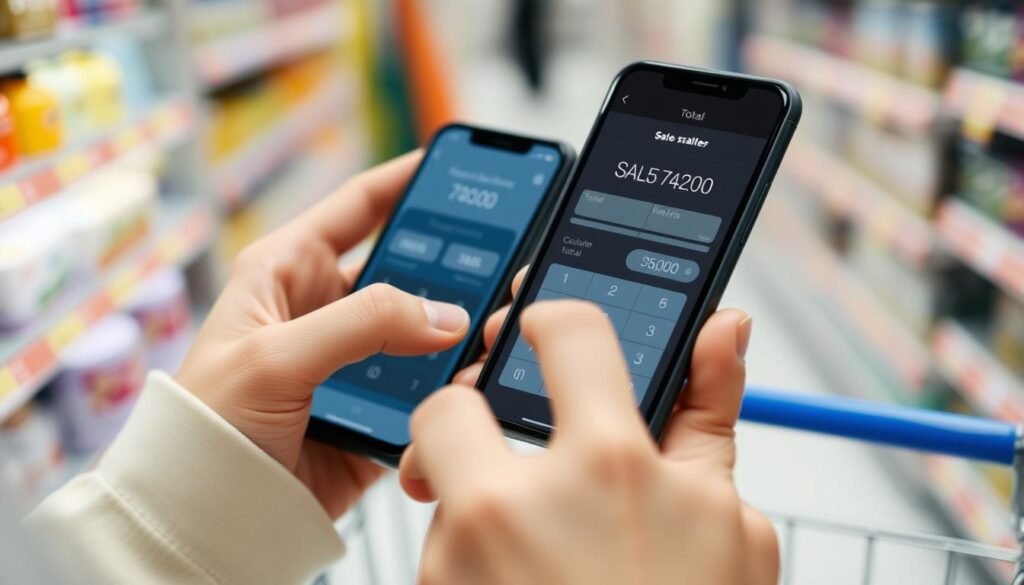 Person using a sales tax calculator on a smartphone while shopping
