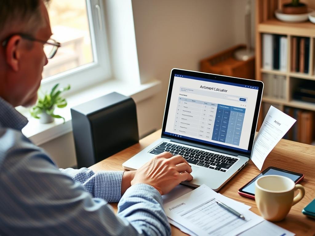 Person using an annuity calculator while reviewing retirement planning documents