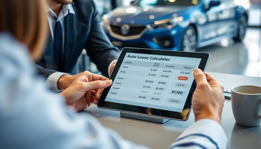 Person using an auto lease calculator on a tablet while sitting in a car dealership