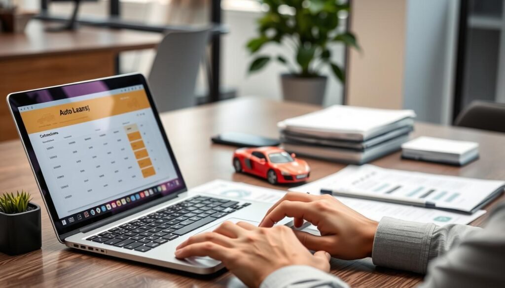 Person using auto loan calculator on laptop while reviewing car financing documents