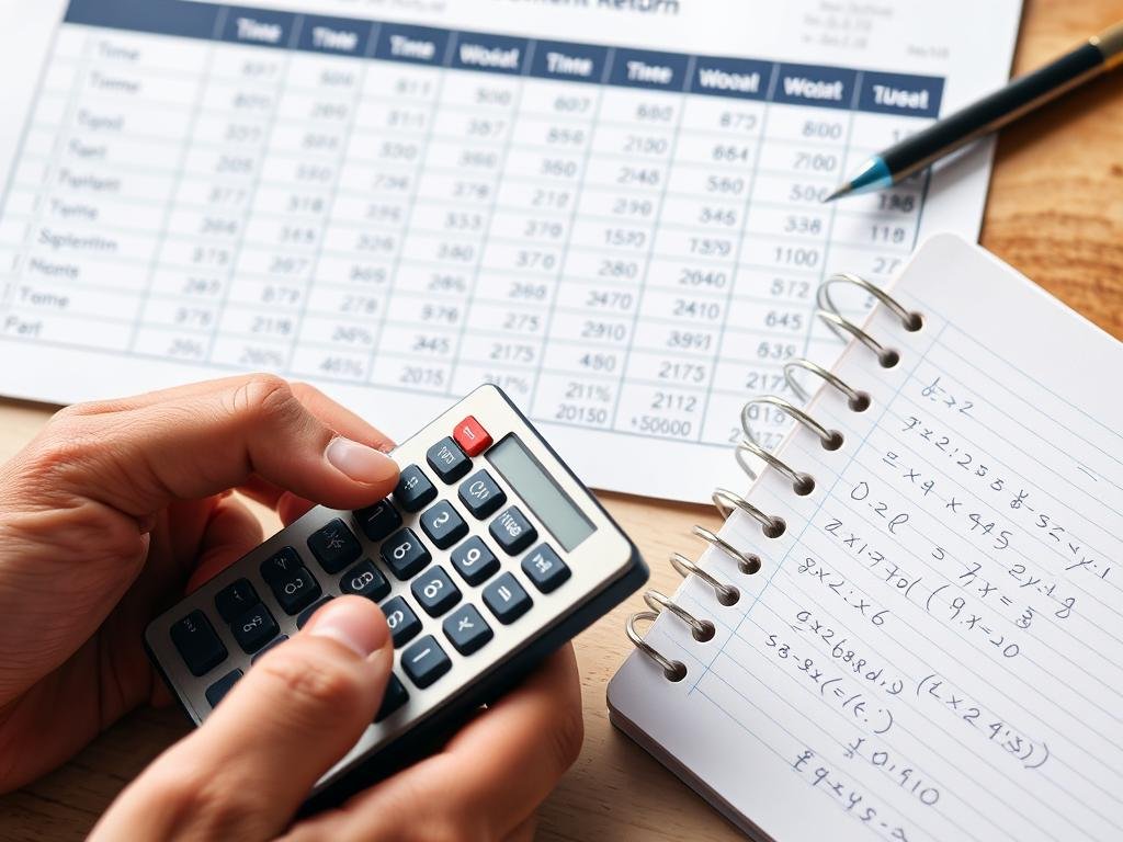 Person using calculator and spreadsheet to calculate investment returns
